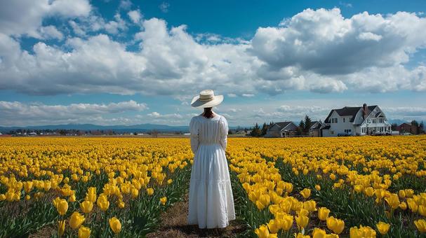 青空の下、黄色い絨毯を歩く女性の写真