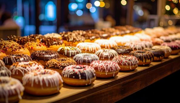 色々なトッピングのドーナツの写真