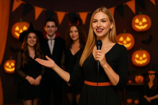 パーティーで登壇する女性 パーティーで登壇する女性の写真