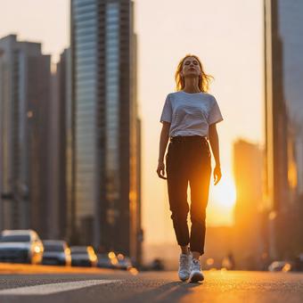穏やかな表情で街を歩く女性のシルエット 穏やかな表情で街を歩く女性のシルエットの写真