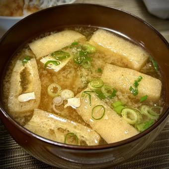Miso soup with tofu and fried tofu, JPG