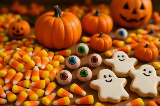 ハロウィン菓子とカボチャ ハロウィン菓子とカボチャの写真