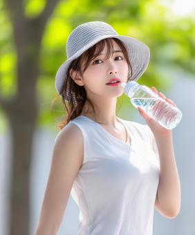 水分補給をする帽子を被った女性 水分補給をする帽子を被った女性の写真