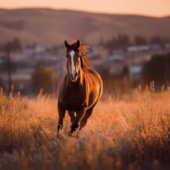 黄金色の野原を駆ける一頭の馬 黄金色の野原を駆ける一頭の馬の写真