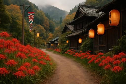 山里の秋祭りと彼岸花の景色の写真