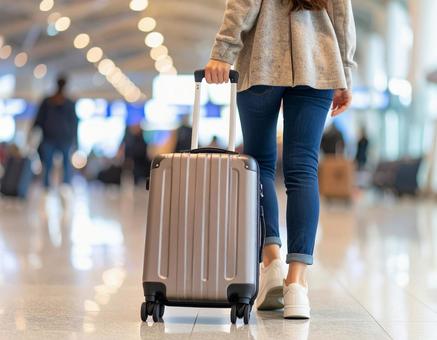 空港でスーツケースを引く女性の後ろ姿の写真
