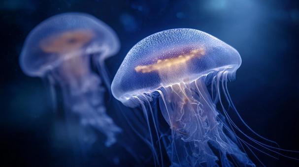 幻想的な輝きを放つ、深海の青いクラゲ 幻想的な輝きを放つ、深海の青いクラゲの写真