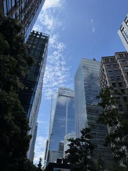 ビル街の空 ビル街の空 高層ビル,オフィス街,都会の写真素材