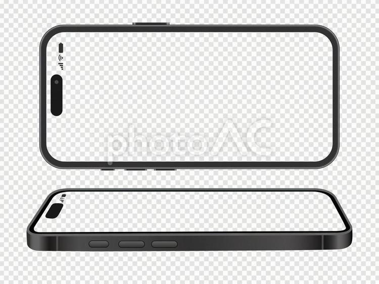 透過　スマートフォン横向き正面とななめ黒 スマートフォン,スマホ,透過の写真素材