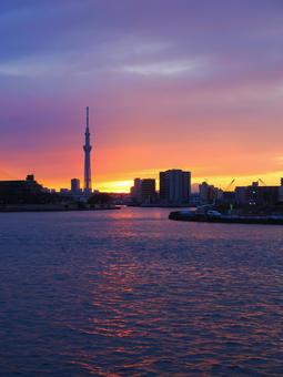 夕焼けスカイツリーが映える中川 夕焼けスカイツリーが映える中川の写真