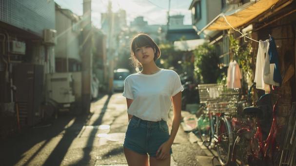 路地に立つTシャツとショートパンツの女性 路地に立つTシャツとショートパンツの女性の写真