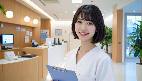 病院の受付をしている笑顔の女性の写真