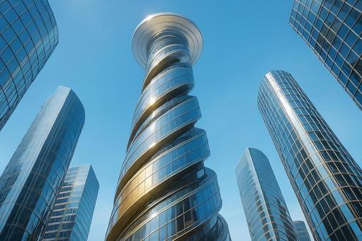光を反射する螺旋ビルが創る近未来都市ビルの写真