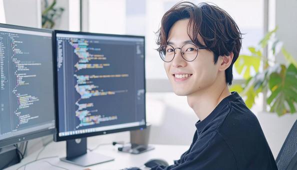 プログラミングをする男性エンジニア プログラミングをする男性エンジニアの写真
