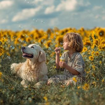 夏の思い出:ひまわりと犬とシャボン玉 夏の思い出:ひまわりと犬とシャボン玉の写真