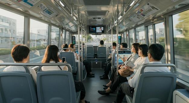 AI全自動運転バスでくつろぐ乗客の写真