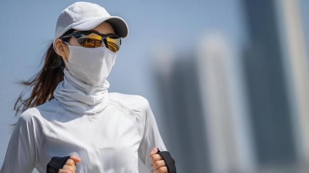 紫外線対策をしてランニングする女性 紫外線対策をしてランニングする女性の写真