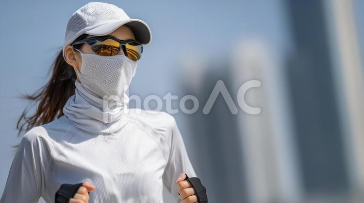 紫外線対策をしてランニングする女性 ランニング,女性,帽子の写真素材