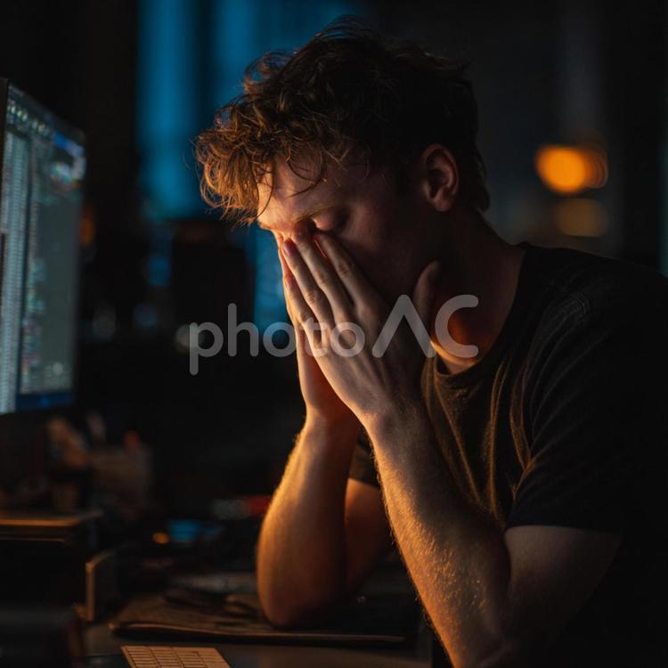 仕事に疲れた若者のポートレート 若者,男性,夜の写真素材