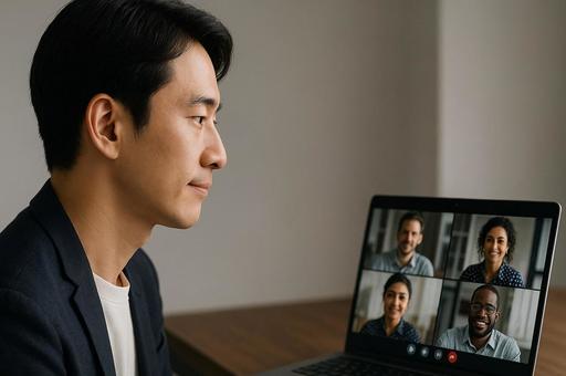 Web会議に参加する男性の横顔・在宅勤務 Web会議に参加する男性の横顔・在宅勤務の写真