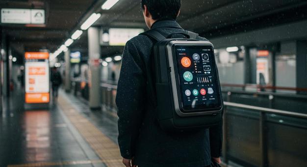 AI搭載バックパックを背負う都会の通勤者 AI搭載バックパックを背負う都会の通勤者の写真