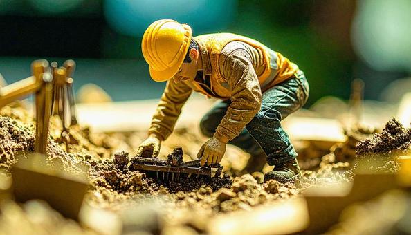建設現場で働く建設作業員のフィギュア人形 建設現場で働く建設作業員のフィギュア人形の写真
