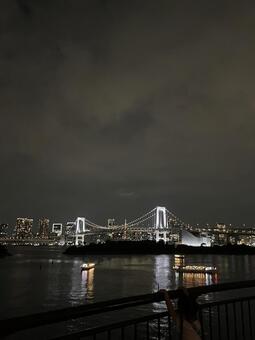 東京湾に輝く夜のレインボーブリッジ レインボーブリッジ,東京湾,夜景の写真素材