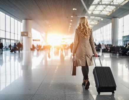 空港でキャリーケースを引く女性の写真