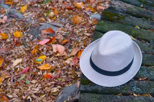 落葉の季節 秋,ベンチ,帽子の写真素材