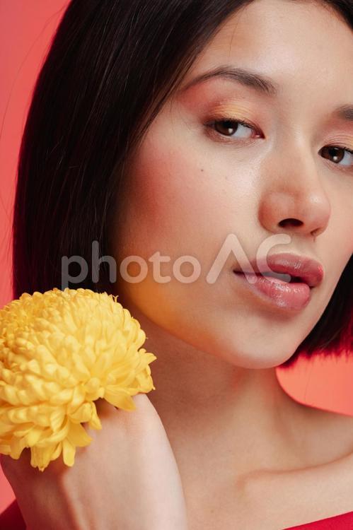 黄色の花を持ちカメラ目線の女性 女性,黄色,花の写真素材