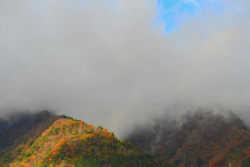 霧のかかった山 霧,紅葉,秋の写真素材
