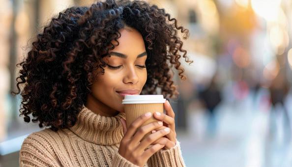 コーヒーを飲む外国人女性のポートレート コーヒーを飲む外国人女性のポートレートの写真