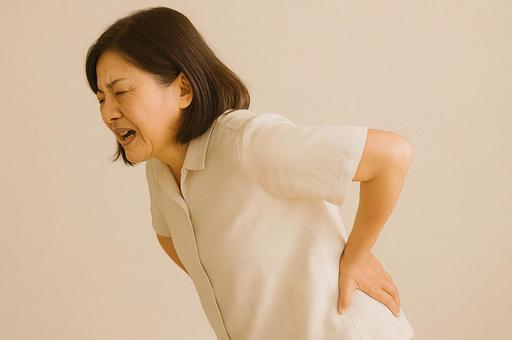 腰の痛みに苦しむ中年女性 腰の痛みに苦しむ中年女性の写真