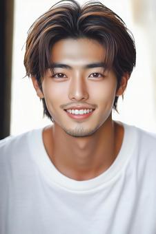 白シャツで笑顔を見せるハンサムな若い男性の写真