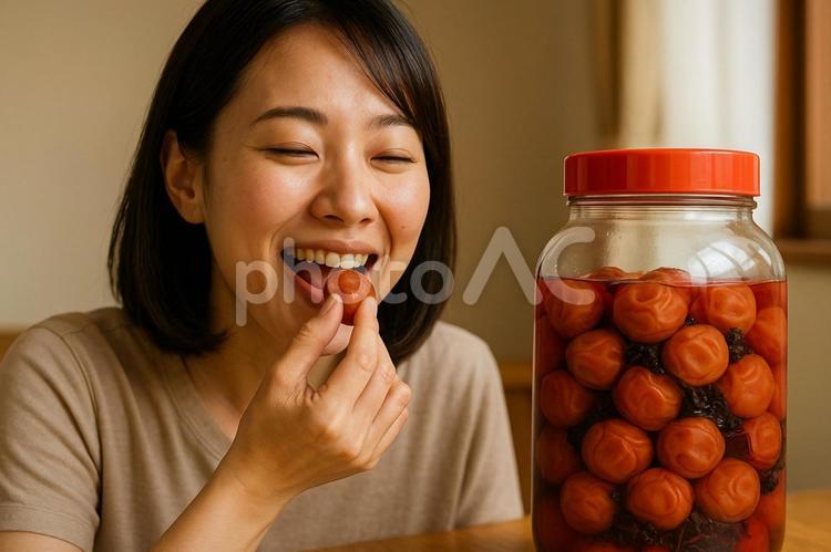 シソ漬け梅干しを味わう 梅干し,シソ漬け,塩分補給の写真素材