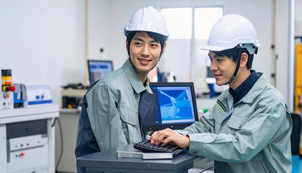 工場の三次元測定機を使う作業服の男性 工場の三次元測定機を使う作業服の男性の写真