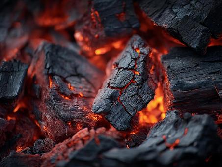 暗闇で赤く燃える炭火のクローズアップ 暗闇で赤く燃える炭火のクローズアップの写真