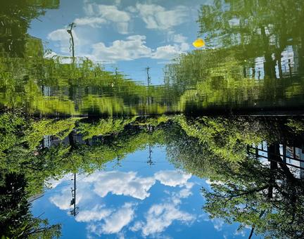 川に反射する空 川に反射する空 反転,池,河の写真素材