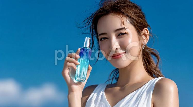 美しい女性が紹介する美容液プロモーション 化粧水,化粧品,スキンケアの写真素材