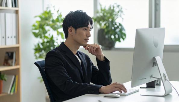PC作業をするビジネスマン PC作業をするビジネスマンの写真