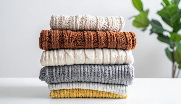 たたまれた冬物の服 たたまれた冬物の服の写真