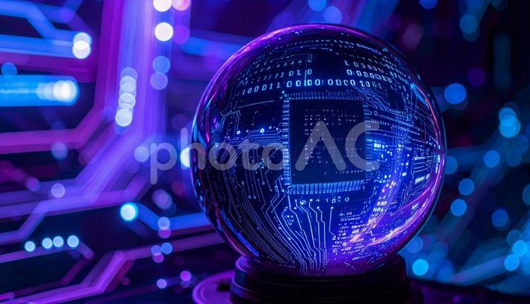 サイバークリスタル：未来を映す情報の世界 サイバーパンク,クリスタルボール,水晶玉の写真素材