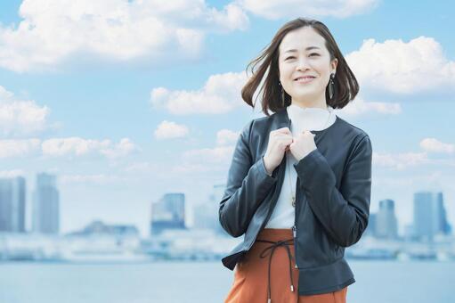 Office casual style woman smiling outdoors, business, female, office casual, JPG