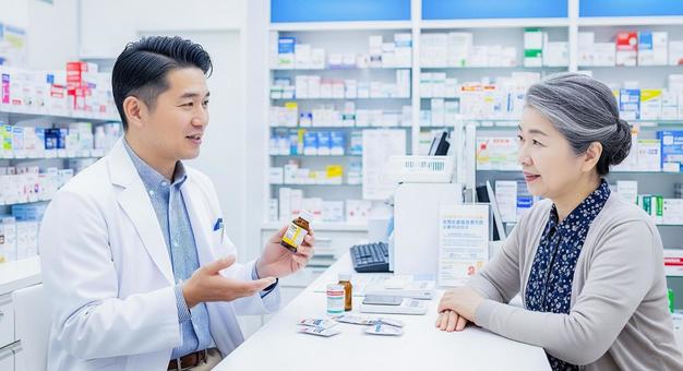 男性薬剤師と女性患者:薬の説明風景 男性薬剤師と女性患者:薬の説明風景の写真