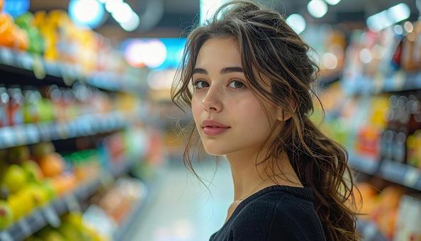 スーパーで買物をする女性のポートレート スーパーで買物をする女性のポートレートの写真