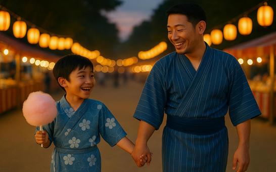 夏祭りを楽しむ親子(AI) 夏祭りを楽しむ親子(AI)の写真