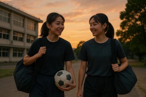 下校中に並んで歩く女子サッカー部員 下校中に並んで歩く女子サッカー部員の写真