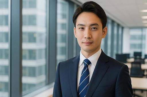 ビジネススーツ姿の男性・オフィス背景の写真