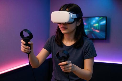 VRゲームを楽しむ女性 VRゲームを楽しむ女性の写真