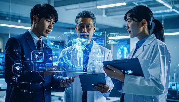 ホログラムのデータを見ながら議論する医者 ホログラムのデータを見ながら議論する医者の写真